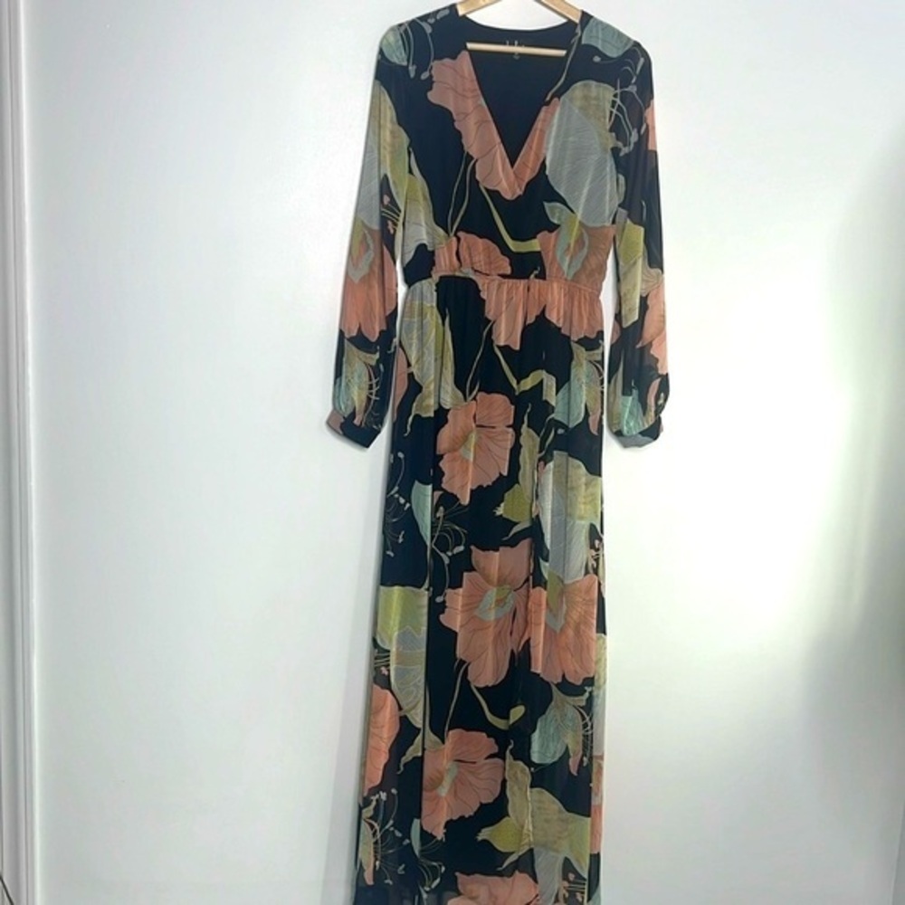 Lulu's Black Maxi Dress with Peach & Olive Floral Print